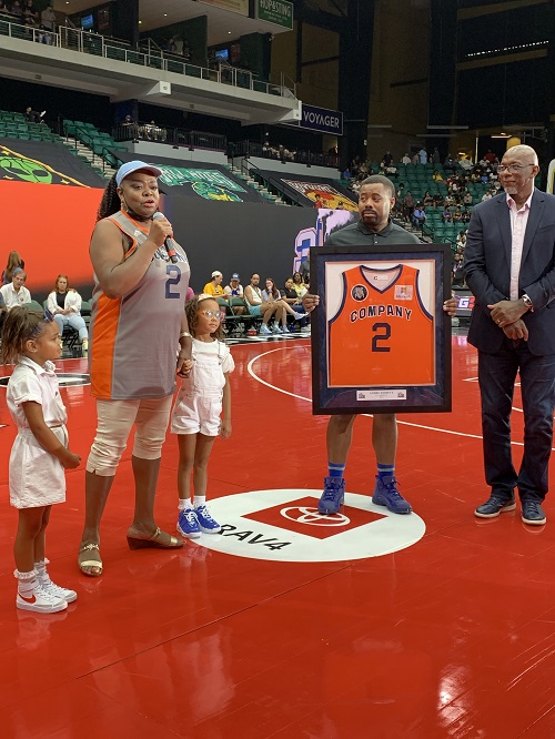 Regina Olivers speaks at her son's Big 3 jersey retirement